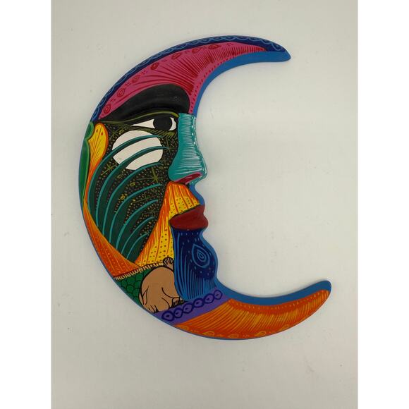 Hand-Painted Crescent Moon Wall Hanging – Vibrant Talavera Style Face – 7” - Picture 7 of 7